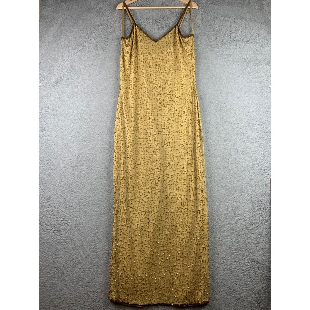 Scala Vintage Gold Silk Beaded Sequin Maxi Dress Evening Gown XL Slit